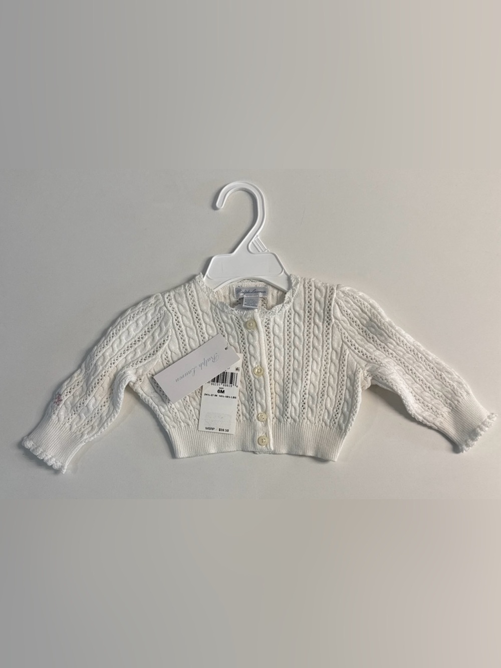 New Ralph Lauren Baby Girl's White Pointelle Cable-Knit Cardigan Sweater Size 6M